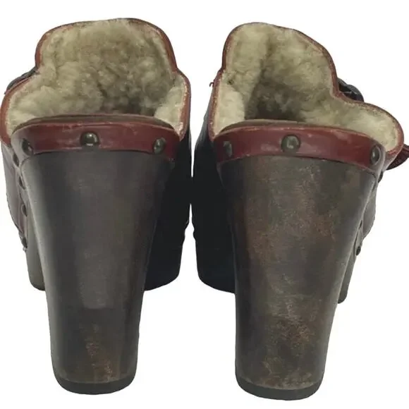 Frye Ella Clogs Stud Burgundy Leather Shearling Wood High Heels Womens 7 - Picture 4 of 8